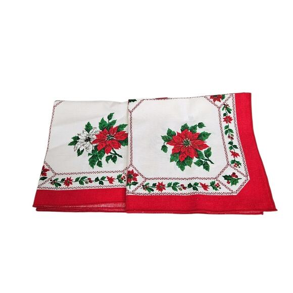 Vtg Sunweave Linen Set Of 2 Pointsettia Holly Berries Christmas 17" Napkins - Picture 1 of 7
